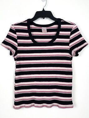 No Boundaries Black and Pink Striped Ribbed Short Sleeve Tee